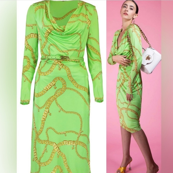 Versace Jersey Cowl Chain Link Dress In Neon Green Gold - Picture 2 of 5